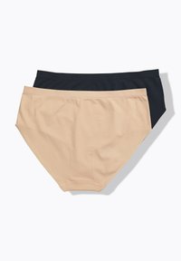 Deux culottes sans coutures pour femmes en beige et noir, posées à plat sur un fond blanc.