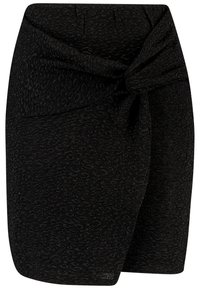 Svart, texturerad knä-lång kjol med en framknutningsdetalj och subtilt leopardsmönster.