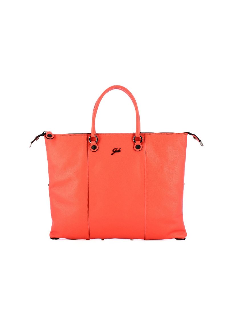 Borsa tote in pelle corallo con due manici, chiusura con zip, accento del logo nero e hardware in metallo. Texture liscia con dettagli di cuciture orizzontali.