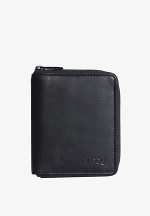 Black leather wallet with a zip closure, featuring a smooth texture and embossed logo. Square shape with neat stitching and rounded edges.