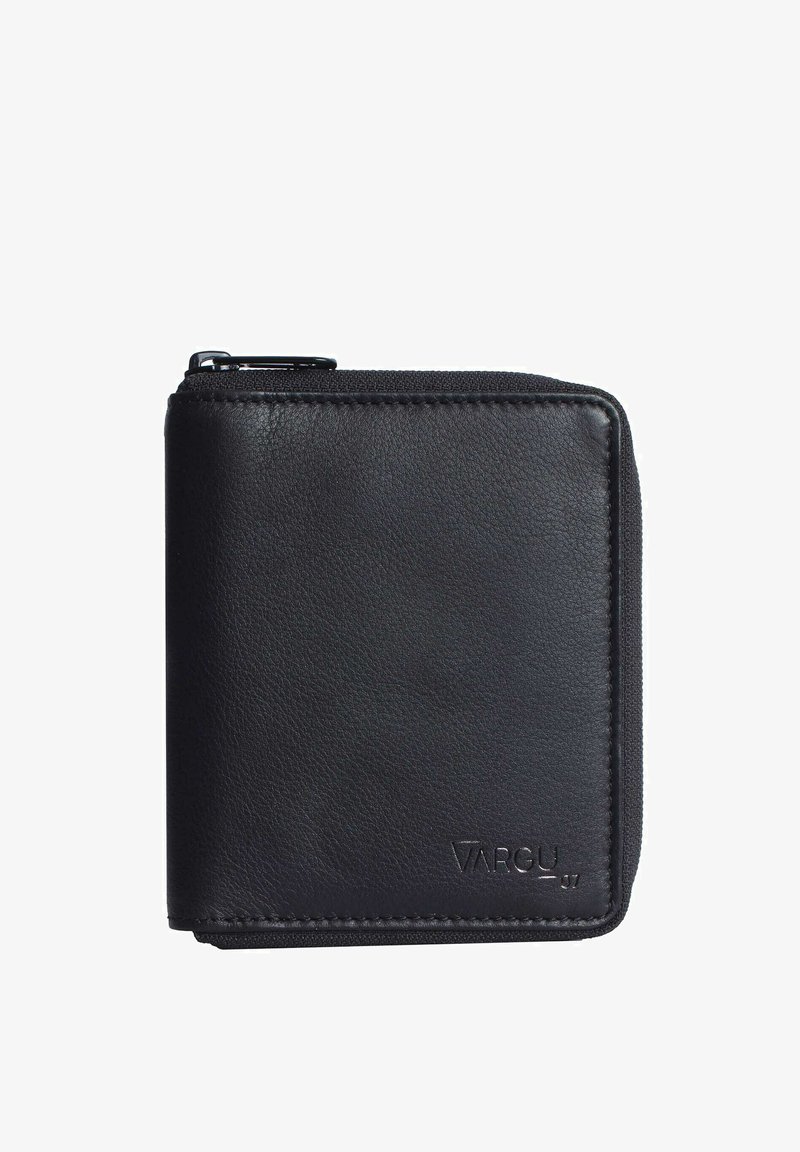 Zwarte leren portemonnee met een ritssluiting, met een soepele textuur en een reliëflogo. Vierkante vorm met nette stiksels en ronde hoeken.