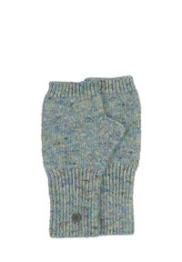 Mănuși tricotate fara degete în nuanțe multicolore de albastru-verzui, cu manșete în acestei texturi și un mic accent metalic cu logo pe încheietura mâinii.