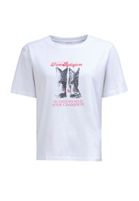 T-shirt en coton blanc à manches courtes, col rond, arborant un imprimé graphique de bottes de cow-boy et le texte "True Religion Rodeo World Wide Champion."