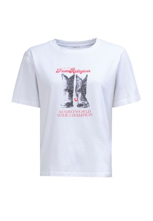 Biała bawełniana koszulka z krótkim rękawem, okrągłym dekoltem, z graficznym nadrukiem kowbojskich butów i napisem "True Religion Rodeo World Wide Champion."