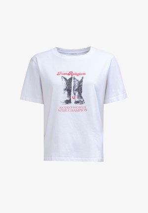 Biała bawełniana koszulka z krótkim rękawem, okrągłym dekoltem, z graficznym nadrukiem kowbojskich butów i napisem "True Religion Rodeo World Wide Champion."