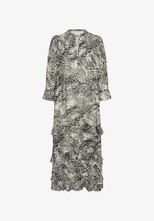 Čierno-biele midi šaty so zebrovým vzorom a dlhými rukávmi, s volánmi na vrstvách sukne a malou mašličkou pri výstrihu.