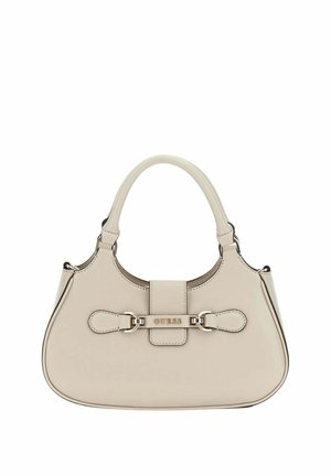 Sac à main Guess beige de forme arrondie, avec double poignée et boucle métallique décorative à l'avant.