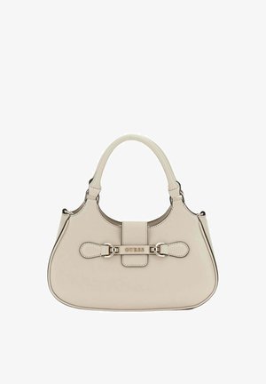 Sac à main Guess beige de forme arrondie, avec double poignée et boucle métallique décorative à l'avant.