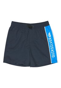 Tmavomodré plavkové šortky s elastickým pásom a čiernou šnúrkou, s vertikálnym modrým pruhom a bielym logom Quiksilver na pravej strane.