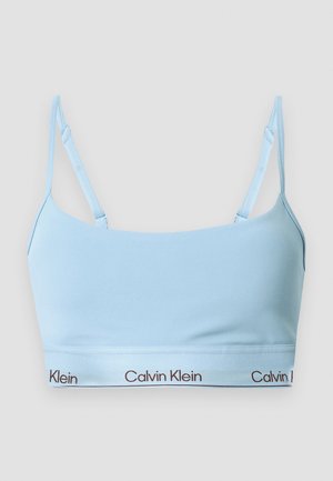 Modrý bavlněný bralet s tenkými nastavitelnými ramínky a logovaným páskem. Hladký povrch, obdélníkový tvar a minimalistický design.