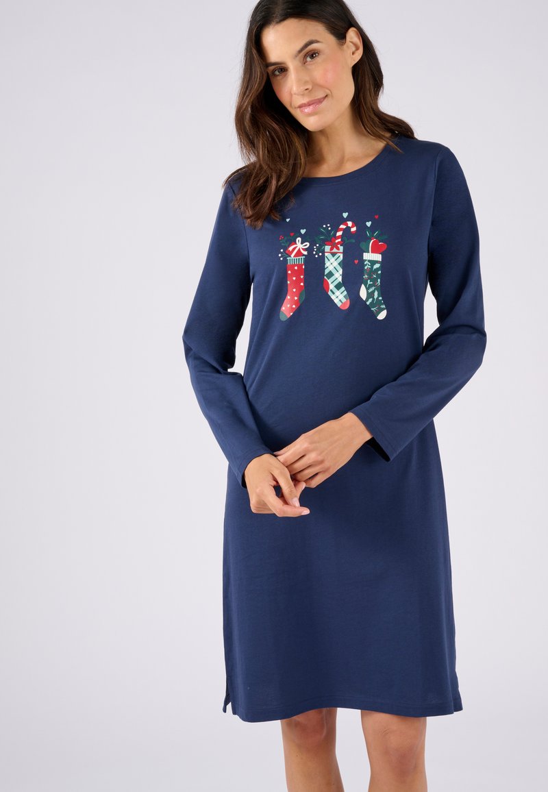 Vestito lungo a maniche lunghe blu navy con un design stampato di calze di Natale colorate e bastoncini di zucchero. Tessuto morbido con spacchi laterali all'orlo.