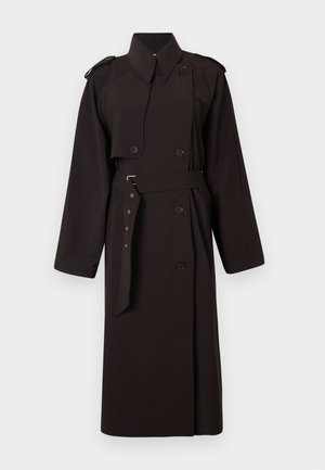 Melnas krāsas tranšējas mētelis ar dubulto pogu aizdari, plecu uzlikām, gariem piedurknēm, auduma jostu un divām priekšējām kabatām. Gluda tekstūra.