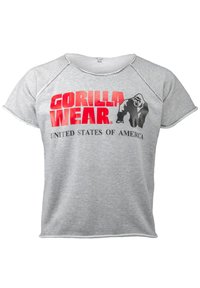 Grijze T-shirt met korte mouwen en een ronde halslijn. Voorzien van rode tekst "GORILLA WEAR" en een zwarte gorillagrafiek. Textuur van gladde katoen.