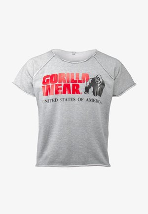 Grijze T-shirt met korte mouwen en een ronde halslijn. Voorzien van rode tekst "GORILLA WEAR" en een zwarte gorillagrafiek. Textuur van gladde katoen.