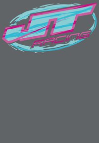 Logodesign med "JT" i lyseblå med pink accenter, indkapslet i en cirkulær, dynamisk penselstrøg-omrids. Baggrunden er mørkegrå.