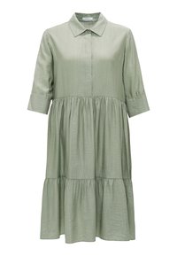 Helles grünes, kragenloses Kleid mit Knopfleiste, dreiviertellangen Ärmeln und einem gestuften, gerafften Rock. Glattes, strukturiertes Material.