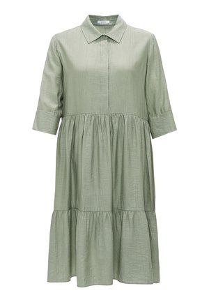 Helles grünes, kragenloses Kleid mit Knopfleiste, dreiviertellangen Ärmeln und einem gestuften, gerafften Rock. Glattes, strukturiertes Material.