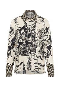 Blusa a maniche lunghe con motivi floreali e fogliari neri e beige, caratterizzata da un colletto e polsini con stampa geometrica a contrasto.