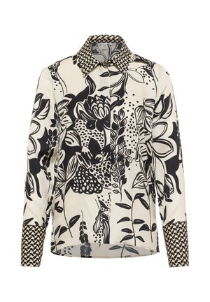 Langärmlige Bluse mit schwarz-beigen Blumen- und Blattmustern, ausgestattet mit einem kontrastierenden geometrischen Druckkragen und -manschetten.