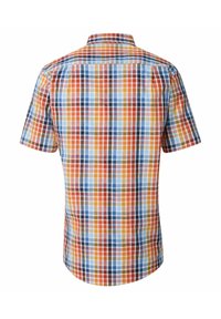 Kortærmet skjorte med tern i blå, rød, orange og brun, lavet af et glat stof, med krave der kan knappes.