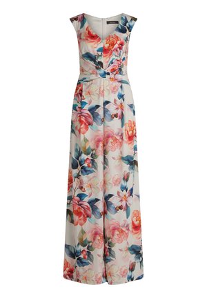 Ärmelloses, bodenlanges Kleid mit V-Ausschnitt und tailliertem Schnitt, mit einem bunten Blumenmuster in Pink-, Blau- und Grüntönen auf weißem Hintergrund.