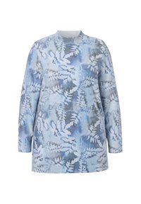 Maglione a maniche lunghe con un motivo di felce blu e grigio, colletto e polsini a costine, realizzato in morbido materiale lavorato a maglia con una finitura texture.