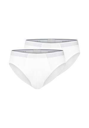 Zwei weiße Herren-Slips im Brief-Stil mit grauen Bund, gestapelt, Vorder- und Seitenansicht auf weißem Hintergrund.