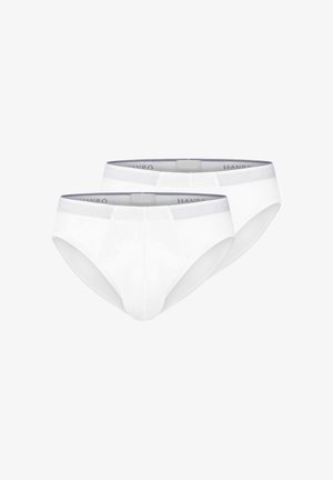 To hvide herrestrømper i brief-stil med grå linninger, stablet, der viser for- og sidevisninger på en hvid baggrund.