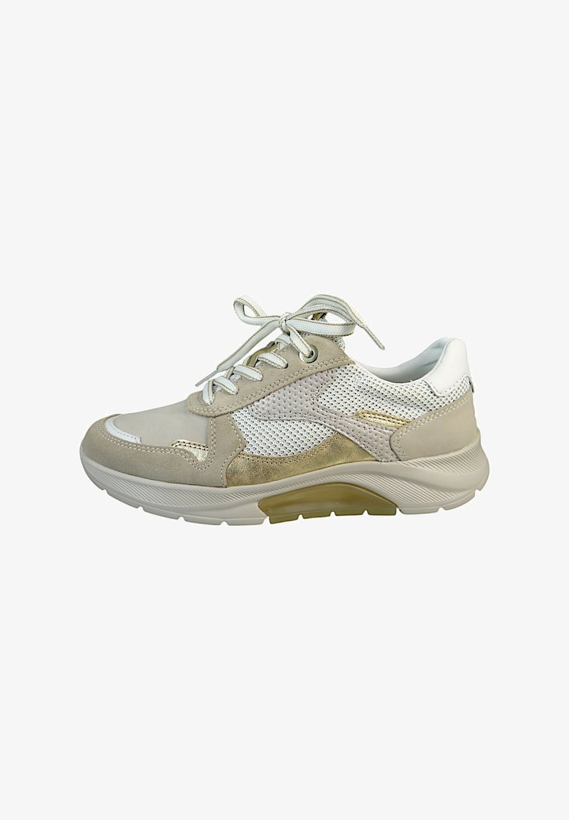 Beżowe buty sportowe z materiałów zamszowych i siateczkowych, białymi akcentami, okrągłym czubkiem oraz grubą gumową podeszwą z złotym akcentem.