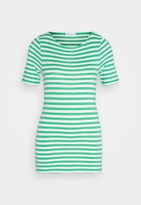 Löysähihaine tiukka paita, jossa on vaakasuorat vihreät ja valkoiset raidat, pyöreä pääntie ja sileä kankaan rakenne.