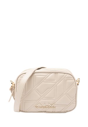 Borsa a tracolla beige in pelle sintetica, con motivo geometrico lavorato, dettagli in metallo dorato e tracolla removibile.