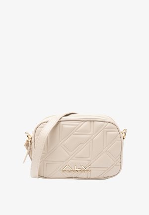 Sac bandoulière beige en cuir synthétique, présentant un motif géométrique texturé, une quincaillerie dorée et une bandoulière amovible.