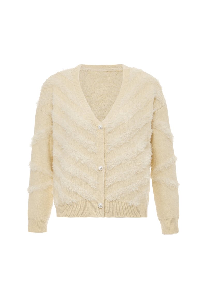 Cardigan crema con scollatura a V, caratterizzato da un motivo zigzag testurizzato e bottoni in perla lungo il davanti. Materiale morbido e peloso, maniche lunghe.
