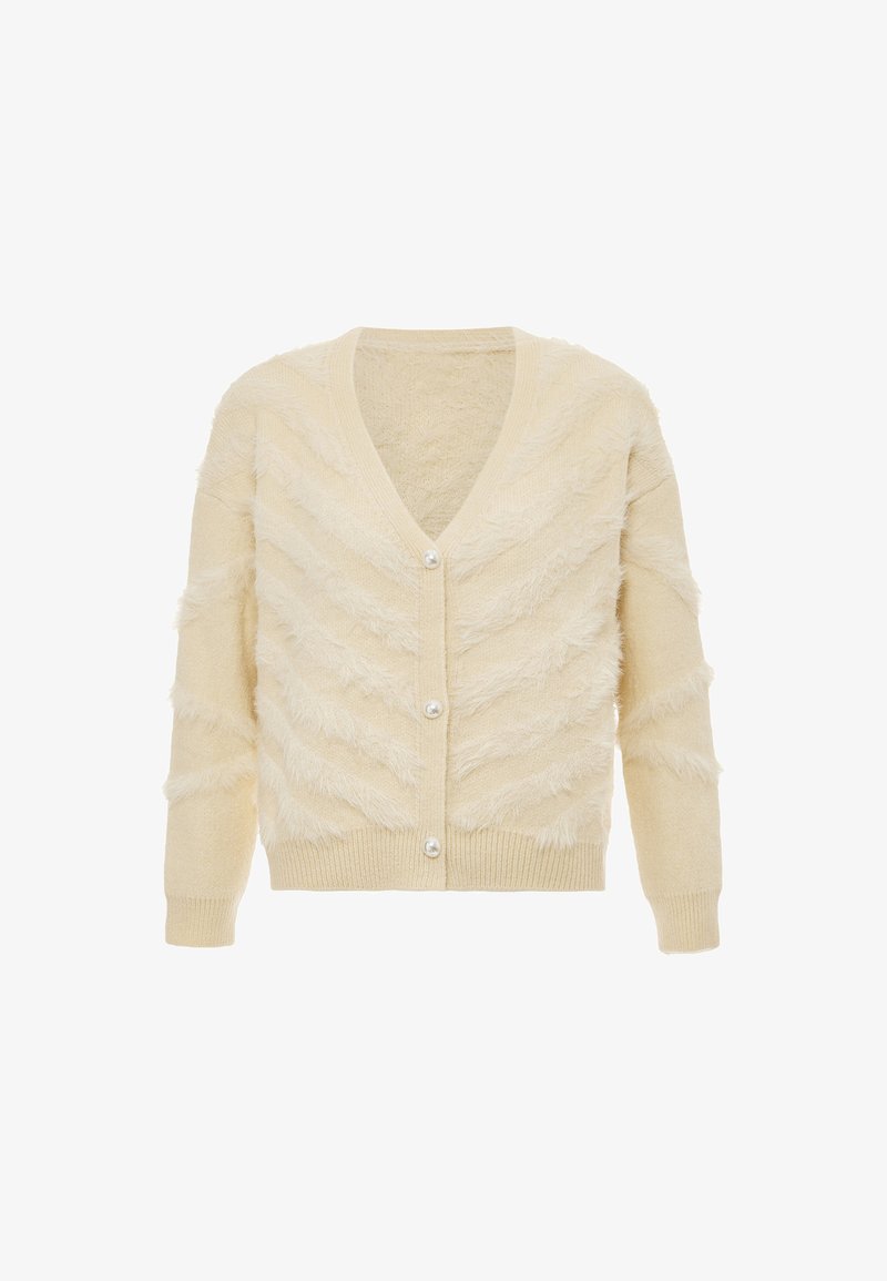Crème kleurige cardigan met een V-hals, voorzien van een gegolfd zigzagpatroon en parelknopen aan de voorkant. Zacht, fuzzy materiaal, lange mouwen.