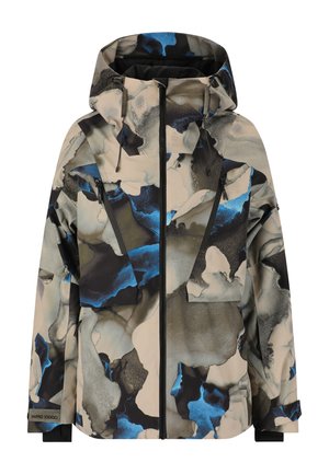 Giacca da esterno multicolore realizzata in tessuto ripstop con motivi astratti fluidi nei colori beige, blu e nero. Include un cappuccio e tasche con zip.