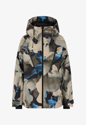 Giacca da esterno multicolore realizzata in tessuto ripstop con motivi astratti fluidi nei colori beige, blu e nero. Include un cappuccio e tasche con zip.