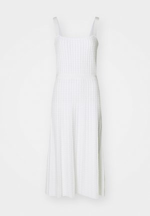 White, sleeveless dress with a textured pattern, fitted bodice, and flared skirt. Features a smooth fabric and mid-length design.
