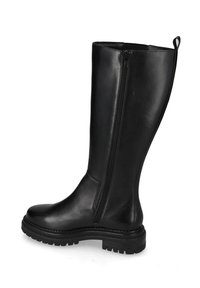 Stivale in pelle nera alto fino al ginocchio con zip laterale, linguetta sul retro e suola robusta con tasselli.