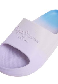 Purple rubber slide sandal featuring a wide strap with embossed "Pepe Jeans London" logo and a gradient blue outsole. Textured footbed.