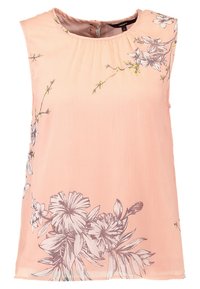 Bezramenná broskvová blůza s kulatým výstřihem. Vyznačuje se květinovým potiskem v šedé a zelené barvě, skladbou v přední části a zipem na zadní straně.