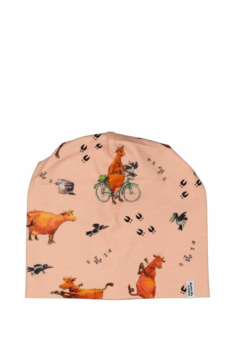 Bomullsmössa i mjuk rosa med fantasifulla illustrationer av kor och fåglar, cykeldesigner och lekfulla fotavtryck i svart.