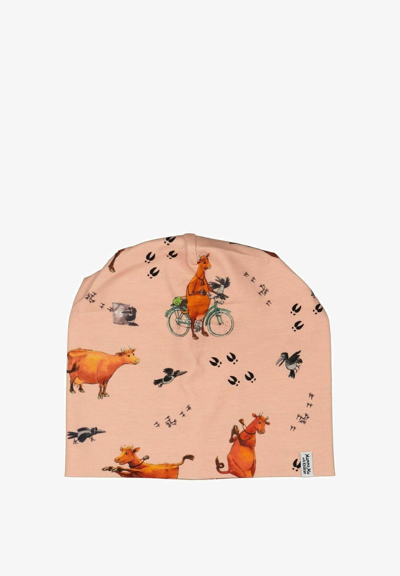 Bonnet en coton de couleur rose doux, orné d'illustrations fantaisistes de vache et d'oiseau, de motifs de bicyclettes et d'empreintes ludiques en noir.