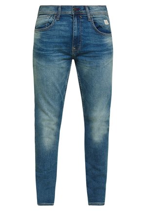 Jeans in denim blu medio, con vestibilità slim, sbiaditure più leggere sulle cosce, design tradizionale a cinque tasche e chiusura con zip.
