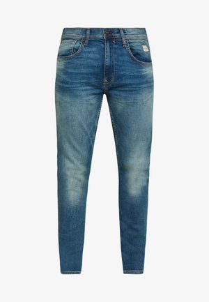 Denimjeans in mittlerem Blau, mit Slim-Fit, leichter Ausbleichung an den Oberschenkeln, traditionellem Fünf-Taschen-Design und Reißverschluss.
