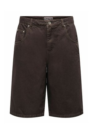 Shorts décontractés brun foncé longueur genou avec poches avant, passants pour ceinture et fermeture par bouton, étiquetés "ONLY" à la taille.