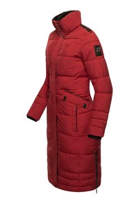 Red padded winter coat with high collar, zip pockets, and black accents. Features a subtle logo patch and textured fabric design.