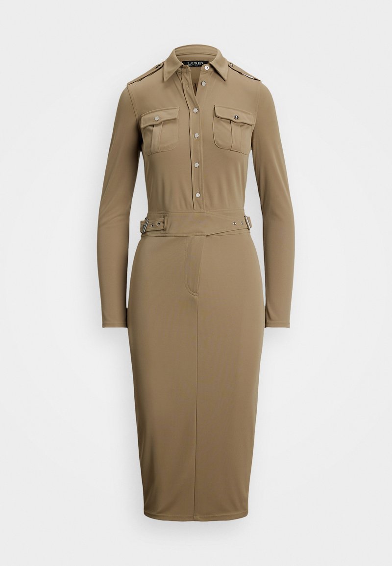 Beige long-sleeve dress with button-down front, chest pockets, waist belt, and epaulet accents. Smooth, stretch fabric. Straight silhouette.