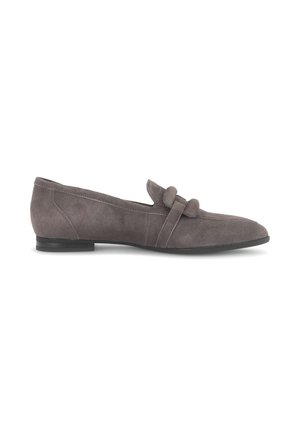 Grey suede flat loafer with rounded toe and decorative knot strap detail, low black heel, side profile on white background.