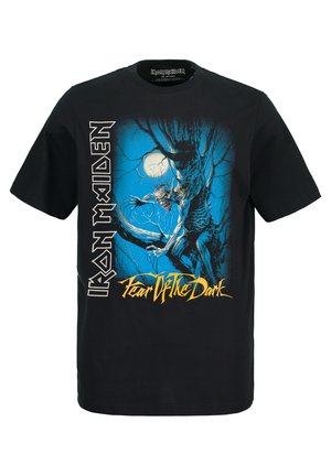 T-shirt en coton noir avec un graphique bleu et noir d'un ghoul contre un arbre, avec le texte "Iron Maiden" et "Fear Of The Dark" en blanc et jaune.