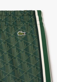 Grønne treningsshorts med geometrisk mønster, med kontrastfargede hvite sidelister og en liten brodert logo. Teksturert stoff.